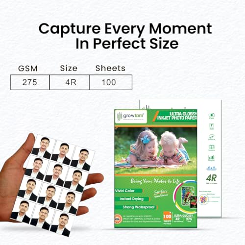 Image of Growlam Ultra Glossy Photo Paper 275 GSM 4R Size Photo Paper- Water Proof, Instant Drying, 100 Sheets, Resin Coated, Compatible with Inkjet Printer (Pack of 1)