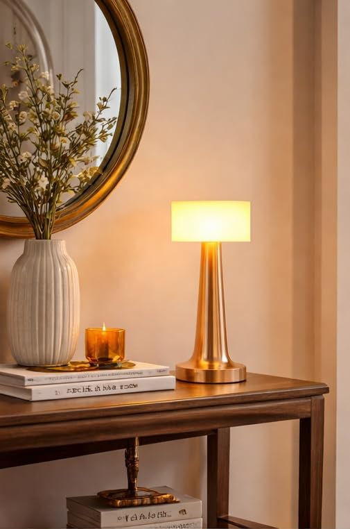 Image of Rose Gold LED Table Lamp - Modern Decorative Bedside Night Lamp with Soft Warm Light, Minimalist Metal Desk Light for Bedroom, Living Room & Office
