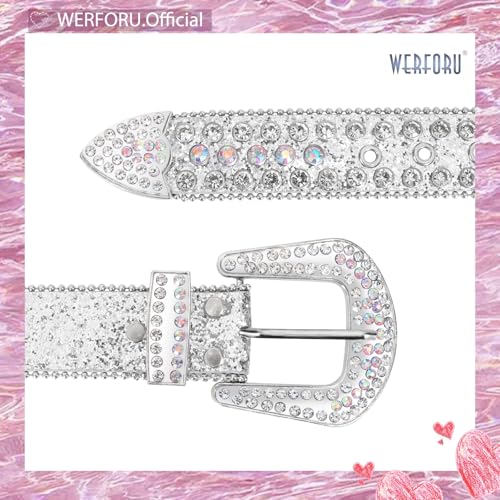 Image of WERFORU Women Men Western Rhinestone Studded Leather Belt Unisex Bling Cowgirl Cowboy Waist Belt for Jeans Pants Dress