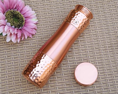 Image of Pure Copper Water Bottle - 1L Hand Made | Hammered Pattern Bottle With Leak-Proof Lid | Ayurvedic Bottle For Health Benefits | Non-Toxic Metal Made | Everyday Healthy Drinkware