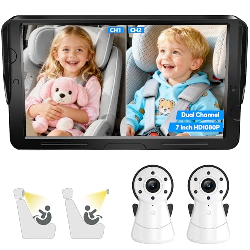 2-Kids Baby Car Camera Dual Monitor – 7 Inch Display with Two Rear Facing Car Seat Cameras, 1080P HD Night Vision IR-CUT, USB Powered Plug and Play...