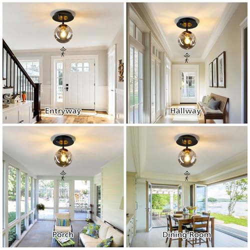Image of Motion Sensor Light Indoor 1-Light Mini Glass Globe Ceiling Light Fixture Modern Black Semi Flush Mount Light for Hallway Entryway Porch Stairway Closet