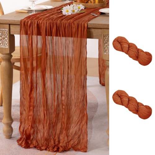 Image of MLMC 2 Pack Terracotta Table Runner 10ft Rustic Burnt Orange Cheesecloth Table Runner 35 x 120 inches for Wedding Bridal Shower Birthday Outdoor Pinic Reception Party Decor
