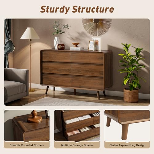 Image of Nasonet Mid Century Modern Dresser for Bedroom, 47'' Wide Dressers & Chests of Drawers with 6 Storage Drawers, Wood TV Stand Dresser for Closet, Walnut