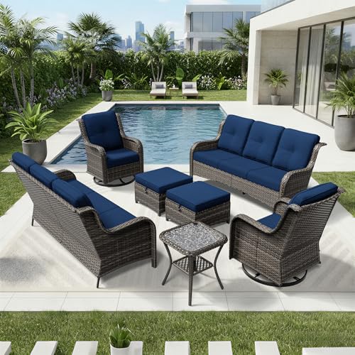 Image of Joyside 7 Piece Wicker Patio Furniture Set, Outdoor Swivel Rocker Patio Chairs with High Back, Deep Seating, Wide Armrest, Thickened Cushions, Outdoor Furniture for Deck, Porch Use