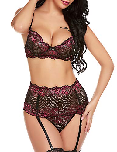 Gladiolus Lace Corset Lingerie for Women Set with Garter Belts Strap Babydoll V Neck Bodysuit Dark Red S