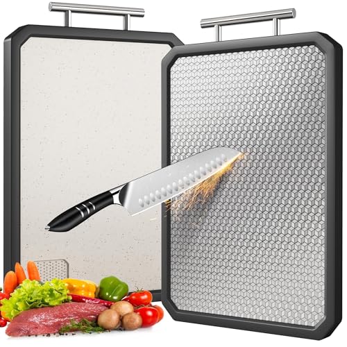 LOZOVIN Stainless Steel Cutting Board with Durable Anti-scratch Grid Design Large 1612 Double Sided Non Toxic Chopping Board for Kitchen Dishwasher Safe Non-slip Edge Garlic Grinding Area