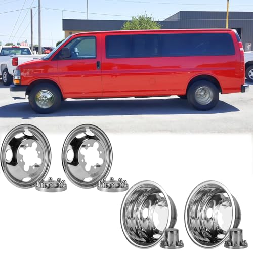 Image of 4pcs 16 inch Stainless Steel Polished Wheel Simulators,Front Rear 8 Lug Dually Hub Caps Skins Liners Rim Covers Compatible with 2001-2007 Chevy GMC 3500 Truck 2003-2021 G3500 /G30 Van 608GV
