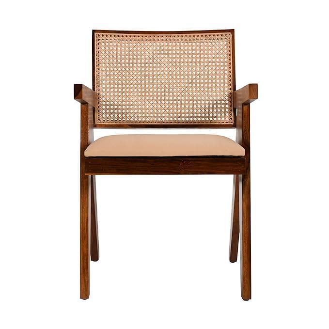 Image of Wooden Arm Chair with Cushion and Cane Back Support Chair || Wooden Armchair Furniture Garden Outdoor & Indoor Home & Office Chair Living Room Furniture || Dining Chair Set Off 2 || Brown Honey