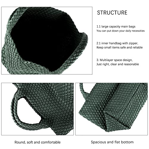 Image of Women's Vegan Leather Tote Bag - Handmade Woven Beach Bag, Travel Handbag with Purse & Top Handle Hobo Tote(Dark Green)