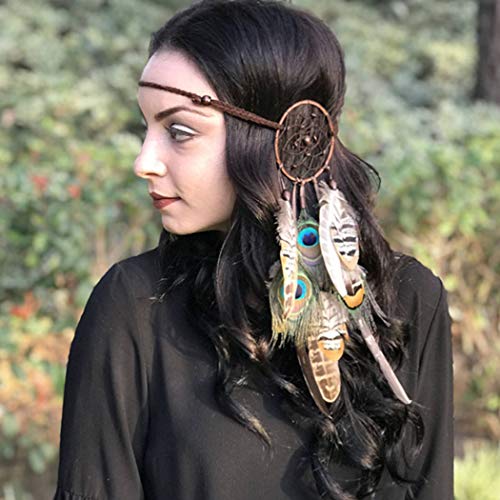 Bmadge Indian Dreamcatcher Feather Headband Tassel Hemp Rope Bohemian Headwear Hippie Festival Rave Party Hairl Accessory for Women and Girls