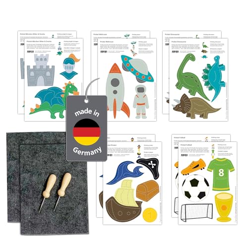 Familienmomente Maxi-Bastelset zum Prickeln Abenteuer 10 Vorlagen (Ritter Dinos Weltraum Pirat Fußball) DIN A5 Prickelfilz Prickelnadel Jungen