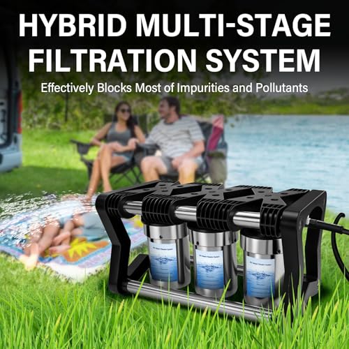 Image of 3 Stage RV Water Filter System with 3 Replacement Filters 0.2 Micron High Flow Camper Water Filter for RV and Boat