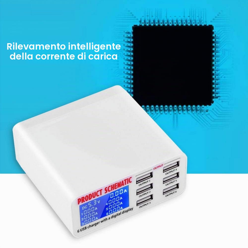 Estink Caricatore USB 6 Porte 6A con LCD | Schermo LCD, 6 porte, 6A, per cellulari e tablet, spina EU