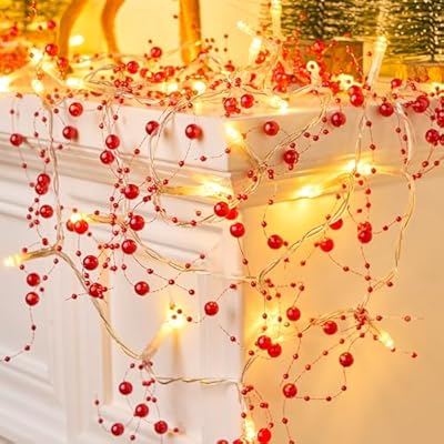 JOYIN 10.8ft Christmas Berry Garland String Light Beaded, 39 LED Decorative Prelit Garland, Indoor and Outdoor Decorations for Home, Parties and Indoor Garland for Mantle Fireplace Christmas Holiday