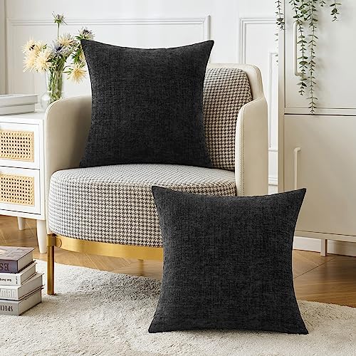 Image of MIULEE Halloween Pack of 2 Couch Throw Pillow Covers 18x18 Inch Soft Black Chenille Pillow Covers for Sofa Living Room Solid Dyed Pillow Cases