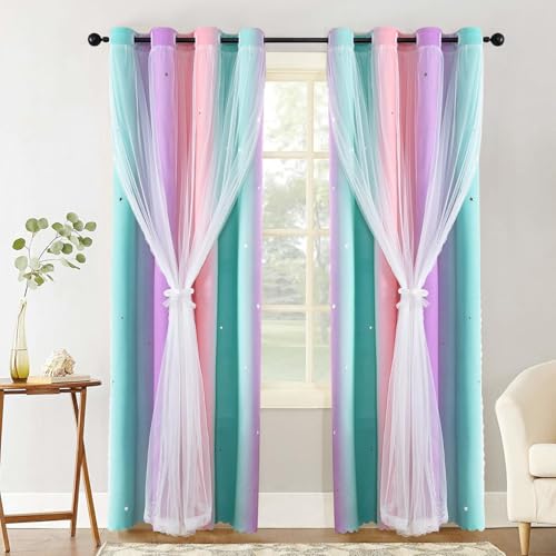 Gugxiom Dream Star Blackout Rideaux pour chambre d'enfant, Ombre Arc-en-ciel Blackout Rideaux 2 Panneaux Étoiles Rideaux pour Enfants Gradient pour Chambre de...