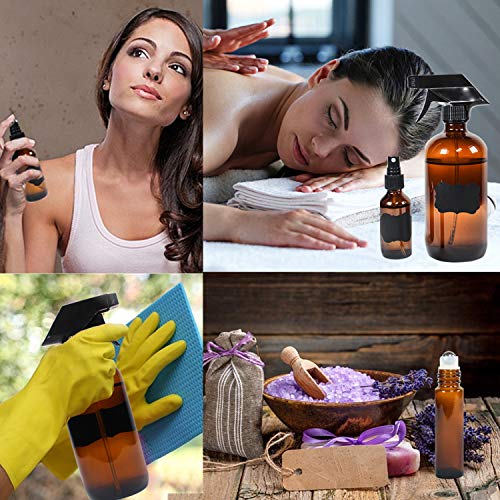 Glass Spray Bottle,MASSUGAR Amber Glass Spray Bottles Set Refillable Container for Essential Oil Bottle Kits - 2 x 16oz, & 4 x 2oz Spray Bottles & 6 x 10ml Roller Bottles for Essential Oils or Cleanin