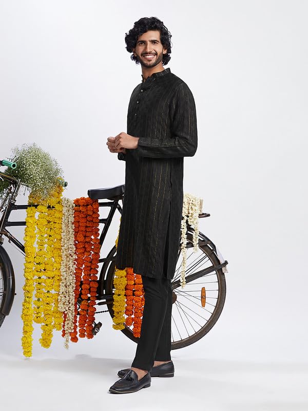 Image of KISAH Men's Navy Blue Printed Cotton Kurta - Regular Fit Long Tunic with Mandarin Collar | Ethnic Wear for Weddings & Festive Occasions