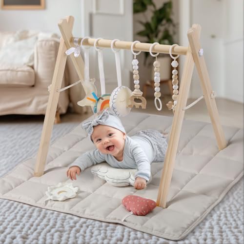 Image of Wooden Play Gym with Beige Mat, Foldable Baby Play Gym, Infant Activity Mat with 6 Hanging Toys, Natural Pine Wood Frame Activity Center, Easy to Assemble & Clean, Newborn Present for Boys & Girls