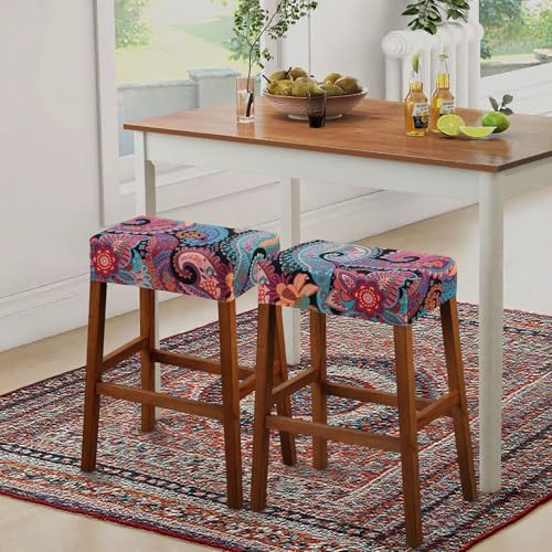Image of YISUN Stool Covers Rectangle - 4 Pack Stretch Waterproof Saddle Seat Cover Counter Bar Stools Bar Chairs Covers Kitchen Island Chairs Cushion Protector (4, F-Purple Green)