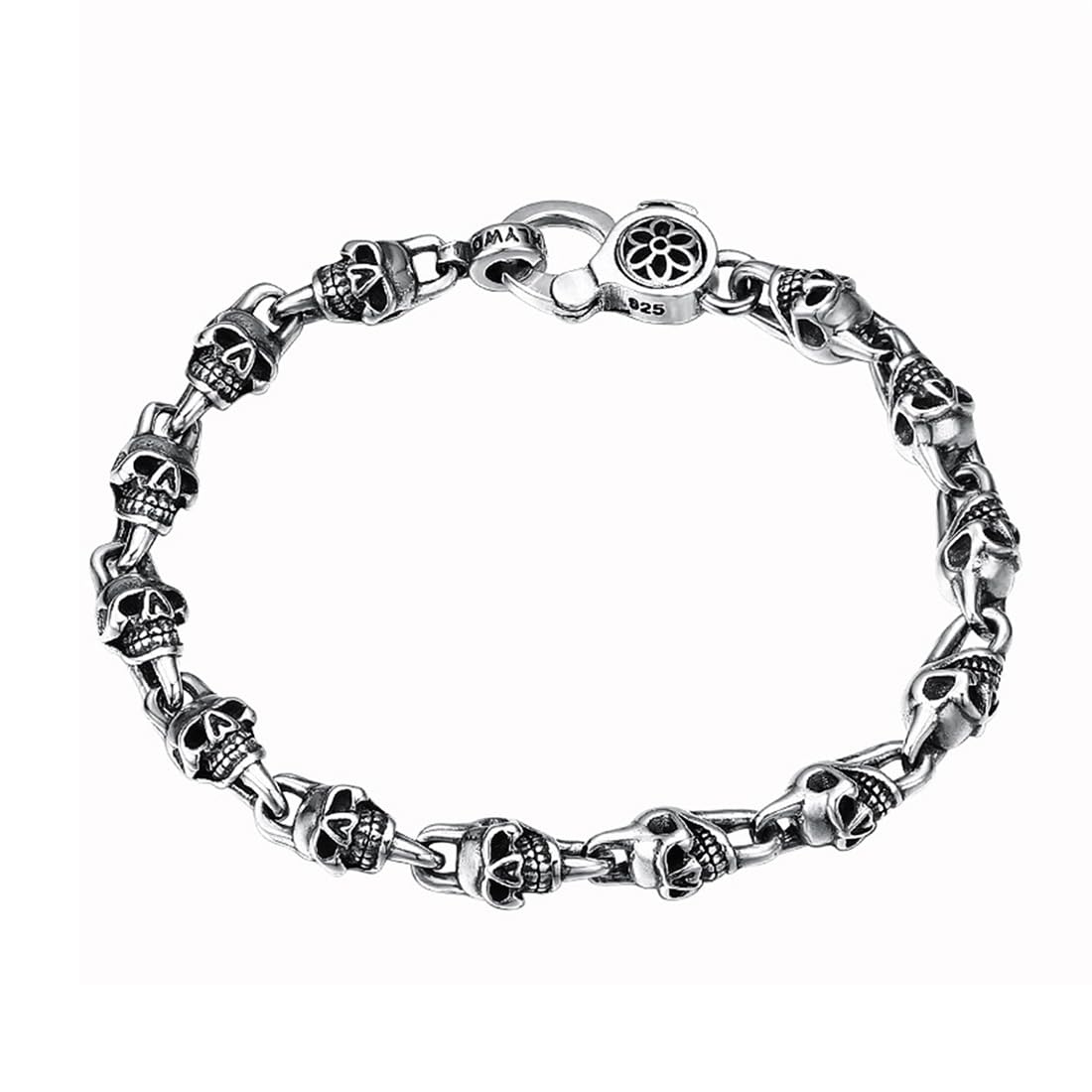 TYMONT S925 Sterling Silver Men's And Women's Skull Patchwork Bracelets, Men And Women's S925 Sterling Silver Personalised Skull Bracelets,Silver,18cm