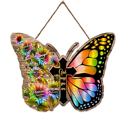 Rslee Butterfly Room Decor Cross Wooden Sign Wall Decor Scripture Plaque Quote Hanging Wall Sign Rustic Farmhouse Wall Art For Living Room, Tan, 9Inchx12Inch #TOP30