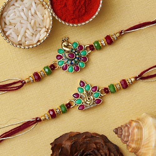 Image of eCraftIndia Set of 2 Green & Golden Shri Krishna and Radha Krishna Playing Flute Designer Religious Rakhis | Roli Chawal Pack | Rakhi for Brother