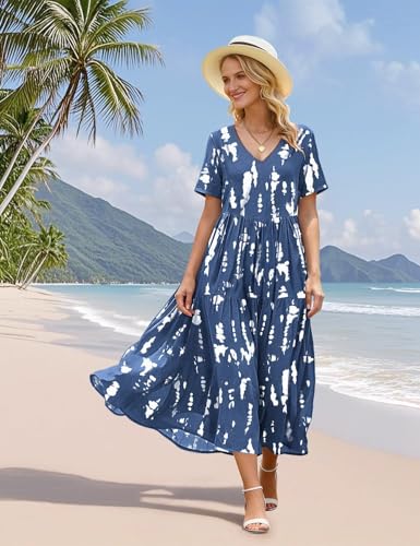 Image of YESNO Women's Summer Maxi Dresses Casual Floral Short Sleeve V Neck Boho Beach Vacation Swing Dress with Pockets EVF