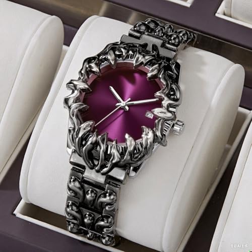 Image of CARLIEN Gothic Claw Watch for Men - Unique Stainless Steel Wristwatch, Luminous Hands, Waterproof Quartz Movement, Futuristic Melting Style, Cool Red & Green Color Options
