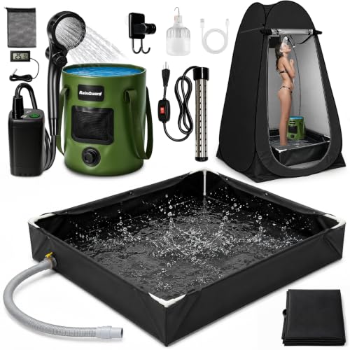 Ducha portátil mejorada con base plegable, tienda de privacidad para camping con calentador y luces LED, base de ducha plegable para RV, playa, baño de mascotas, lavado de autos, camping y duchas interiores