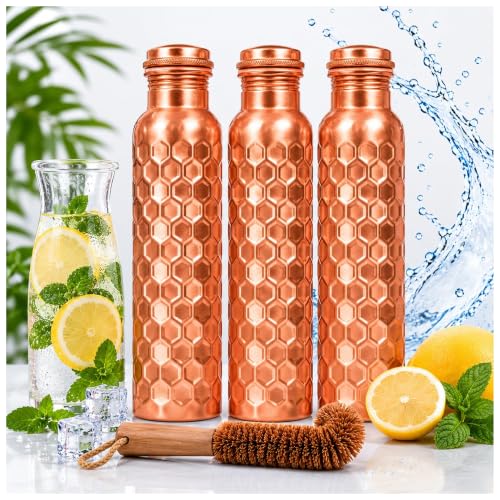 Image of 100% Pure Copper Water bottle 32 Oz with Cleaning brush, Diamond Design