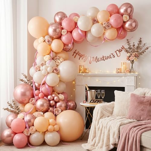 Image of RUBFAC 65pcs 12 Inches Retro Pink Balloons Metallic Blush Rose Gold White Sand Nude Party Balloons with Ribbons for Birthday, Wedding, Baby Shower, Graduation Decorations