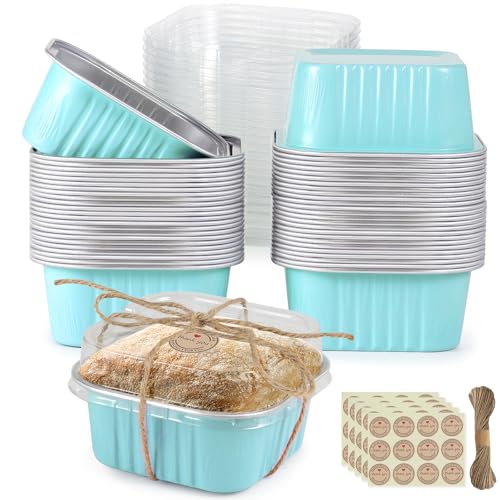 Mini Square Baking Cups with Lids, 50 Pcs 5oz Blue Aluminum Foil Cupcake Tins with Lids, Disposable Ramekins Flan Cake Pans Tins for Souffle, Dessert, Fruit, Wedding, Party Small Cake Containers
