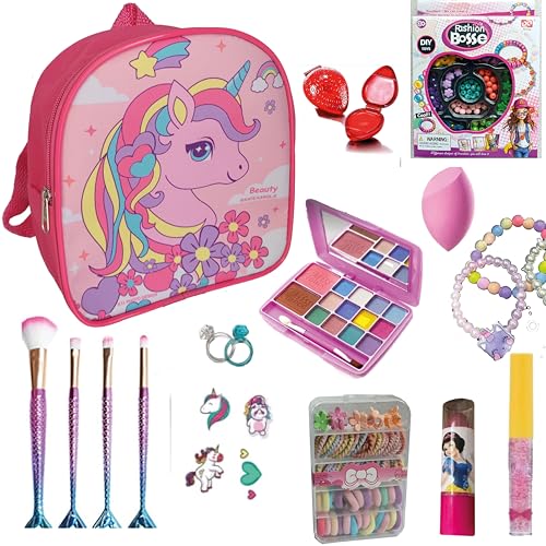 Maquiagem Infantil Menina, Mochila Pink Unicórnio, Kit com Paleta de Sombras, Pincéis de Maquiagem Sereia, Gloss Labial e mais acessórios. Brinquedo Presente para Crianças Kit Beleza UP