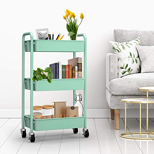 Caxxa 3-Tier Rolling Metal Storage Organizer - Mobile Utility Cart, Kitchen Cart With Caster Wheels (Aqua Green) #TOP3