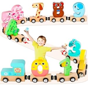 Keeygo Toddler Toys, 11 Pcs Wooden Train Set with Digital and Animal Montessori Educational Toy for 2 3 4 5 6 Year Old Boys Girls Kids Christmas Birthday Gifts
