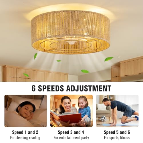 Image of Cage Ceiling Fan with Light,Rattan Ceiling Fan with Light and Remote Control,Enclosed Low Profile Caged Design, 6 Speed Quiet Reversible Motor for Bedroom, Living Room, Porch, Nursery