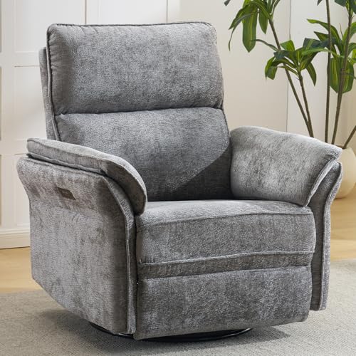 Rhevoy Oversized Power Recliner Chair Swivel Glider with Massage and Heat, Rocker Nursery Recliner for Adults with Adjustable Headrest, 26" Extra Wide Nursery Chair with Overstuffed Armrest, Dark Grey