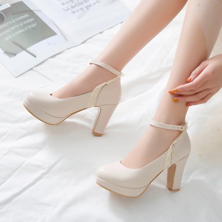 Women's Ruffles Block Heel Platform Ankle Strap Pumps4