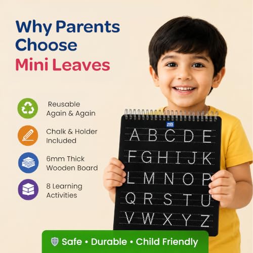 Image of Mini Leaves Wooden Reusable Pre Writing Practice Board for Kids 2-6 Years | 8-in-1 ABCD, Numbers, Shapes & Patterns Tracing Board | Montessori Writing Board with Chalk & Holder