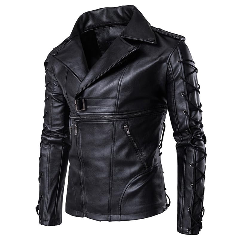 Genuine Sheepskin Black Military Gothic Men's Biker Leather Jacket with Laced Closure – Classic Fit Racer3