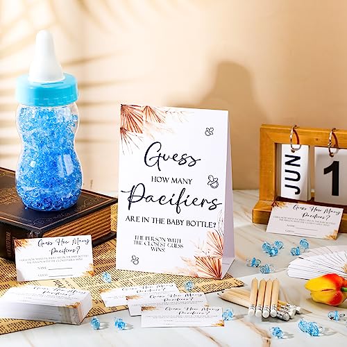 Image of Roowest 512 Pcs Baby Shower Games Guess How Many Pacifiers Sign 100 Small Guessing Games 10 HB Pencils 750ml Milk Bottle 400 Acrylic Pacifiers Decoration for Guest Gender Reveal(Blue,Boho)