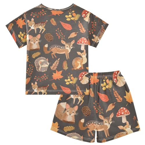 ALAZA Deer Fox Hedgehog Squirrel Mushroom Pajamas Short Sleeve 2 Piece Sleepwear Top and Bottom Pajama Set Unisex2
