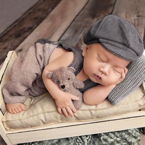 Image of Ylsteed Newborn Boy Photoshoot Outfits 2Pcs Baby Photography Outfits Girl Baby Photography Props Newborn Gentleman Suit Photography Boy Suspender Pants with Beret 9-12lbs/0-3 Months (Coffee)
