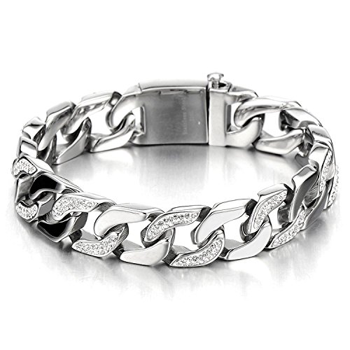 COOLSTEELANDBEYOND Men's Stainless Steel Curb Chain Bracelet High Polished with Cubic Zirconia