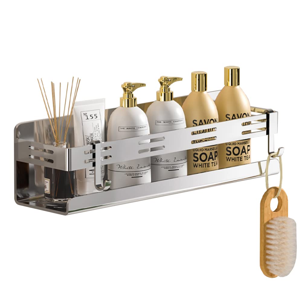 Organizador de ducha cromado de 20 cm, sin taladrar, autoadhesivo, de acero inoxidable, con 2 ganchos, organizador de cocina, accesorios para almacenamiento de baño y cocina