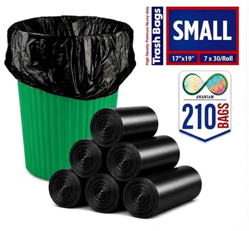 Image of Small Black Garbage Bags 17x19 Inch Trash Bags for Dry & Wet Waste, 210 Bags (7 Roll)