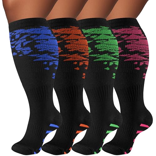 Image of Plus Size Compression Socks for Women & Men 4 Pairs, Wide Calf Extra Large 20-30 mmHg Knee High Support Socks for Travel, Running, Nurse