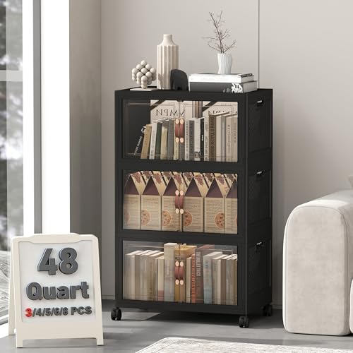 Image of UAMFURI 144QT Lockable Storage Bins with Lids - Stackable Storage Cabinet with Doors and Wheels, Collapsible Plastic Organizer and Containers for Closets, Office, 3 Pack Cubes